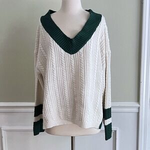 Forever 21 Cable Knit Sweater‎ Womens Medium V-Neck Varsity Cream Green Preppy